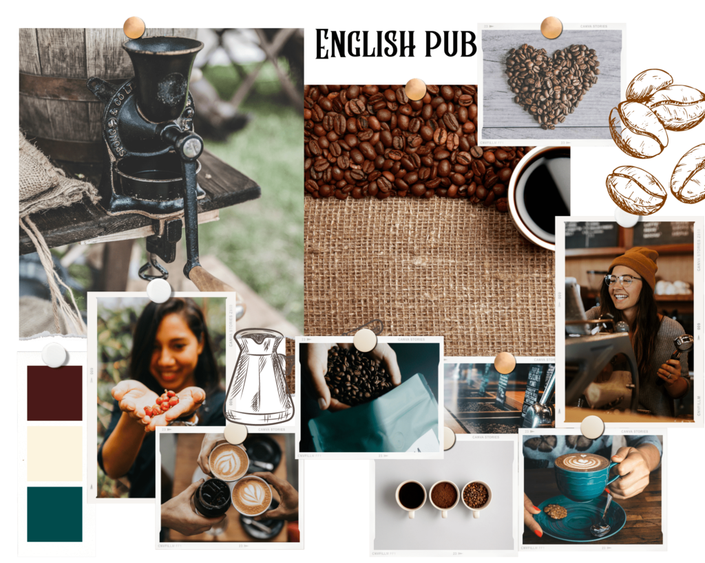 Bean Pub mood board with various images of coffee beans, people drinking cups of coffee and color swatches