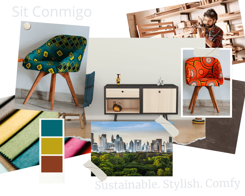 Sit Conmigo mood board featuring various pieces of furniture, color swatches, and city imagery