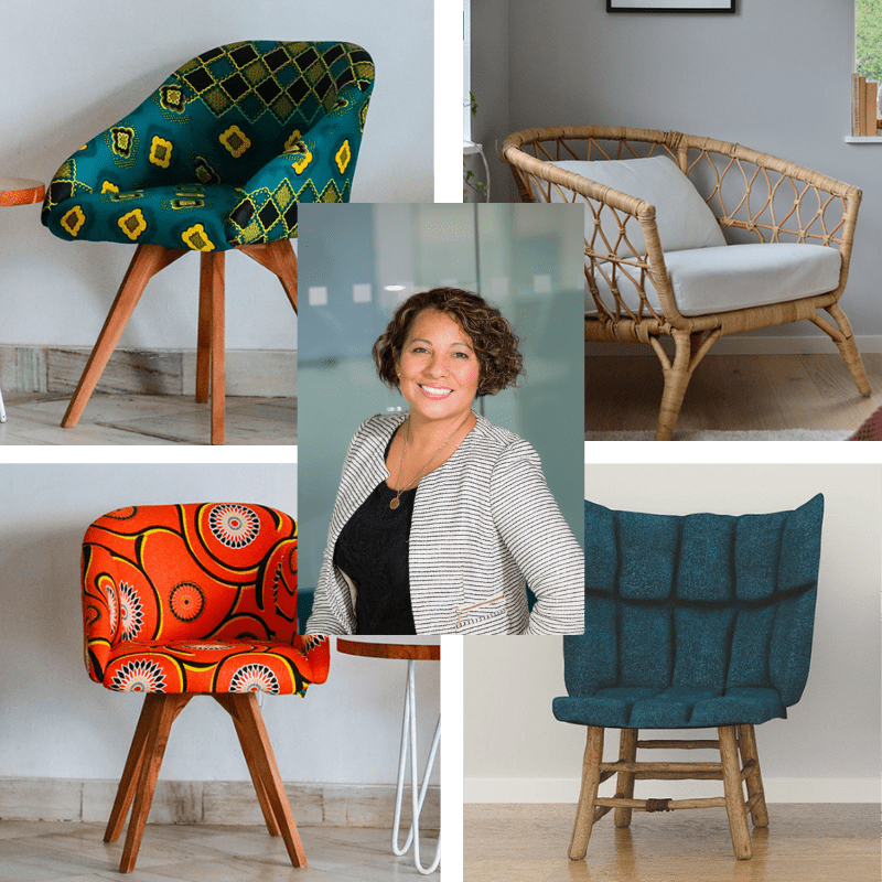 Collage of four chairs and Sit Conmigo founder Yolanda Lopez