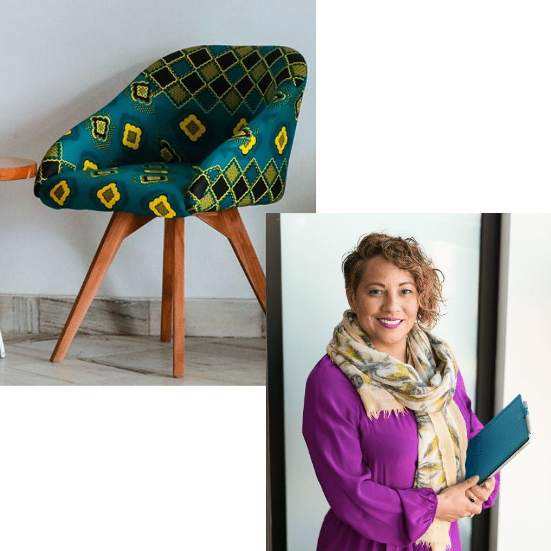 Collage of a chair and Sit Conmigo founder Yolanda Lopez